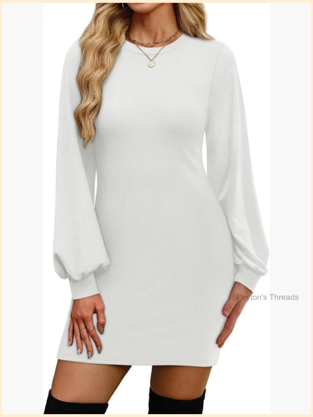 Puff Long Sleeve Crewneck Bodycon Fleece Ribbed Knit Sweater Dress